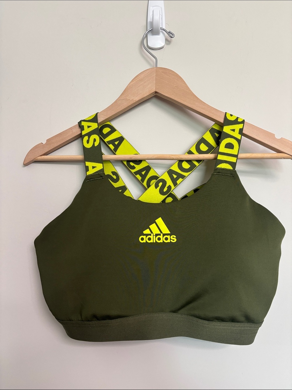 adidas Olive Green Sports Bra with Neon Yellow Logo Straps L Large
